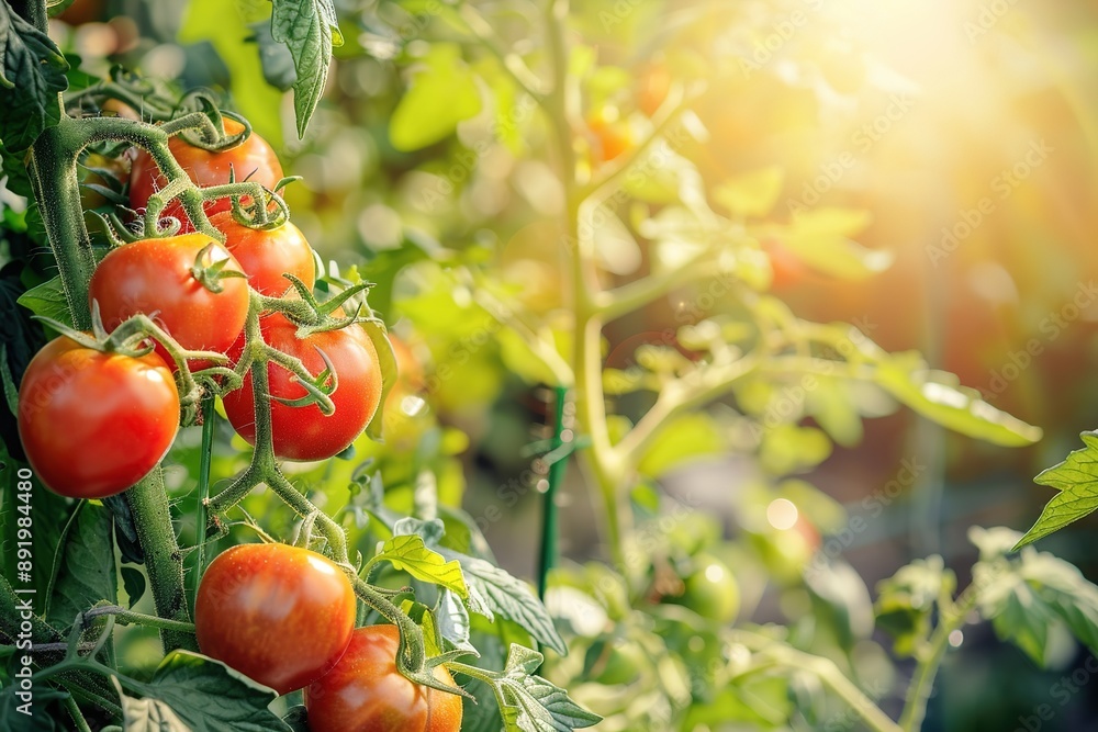 Tomatoes on the vine in a sunny garden, showcasing their natural growth Tomatoes on the vine in a sunny garden, showcasing their natural growth