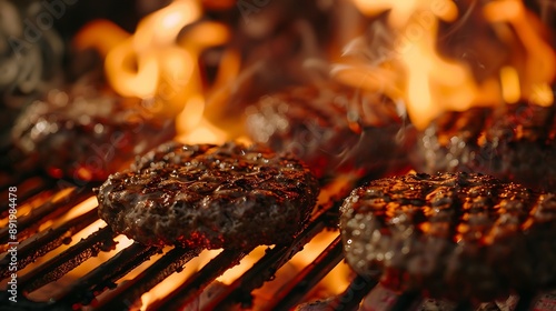 beef or pork meat barbecue burgers for hamburger prepared grilled on bbq fire flame grill high angle view photo