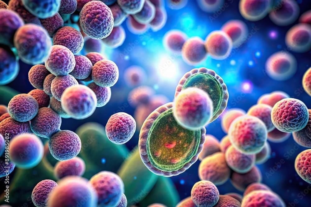 Gram positive Streptococcus Pneumoniae bacteria under microscope