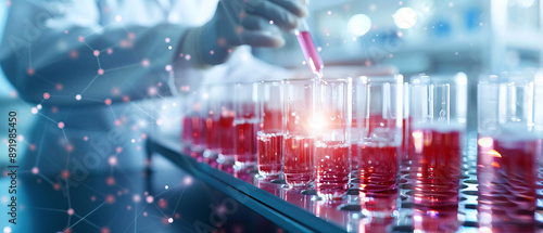 Scientist handling test tubes with red liquid in a high-tech laboratory setting, showcasing medical research and innovation.