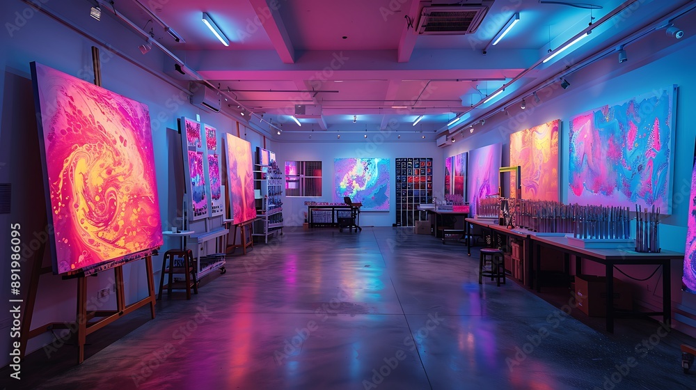 A high-tech painting studio with robotic painting tools and neon-infused canvases, allowing artistic expression A high-tech painting studio with robotic painting tools and neon-infused canvases, allowing artistic expression