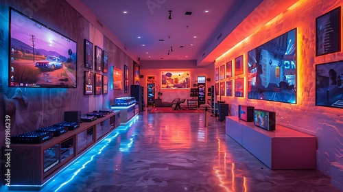 A modern gaming lounge with interactive digital gaming setups and glowing game consoles, providing immersive gaming experiences 