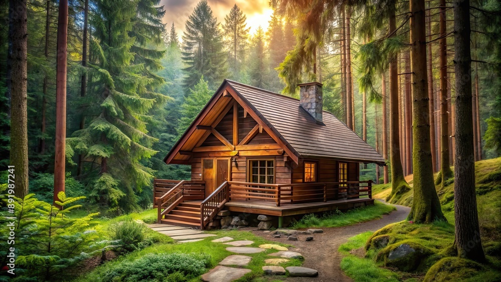 Wooden house nestled in a lush forest setting, cabin, cozy, tranquil, nature, solitude, cabin in the woods, remote, peaceful