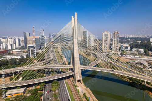 Aerial view of the Estaiada bridge. Sao Paulo Brazil. Business center. Famous cable-stayed bridge (Ponte Estaiada) photo