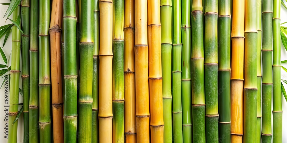 Fototapeta premium Various bamboo stalks of different lengths and colors, with green leaves , bamboo, stalks, plants, greenery, nature