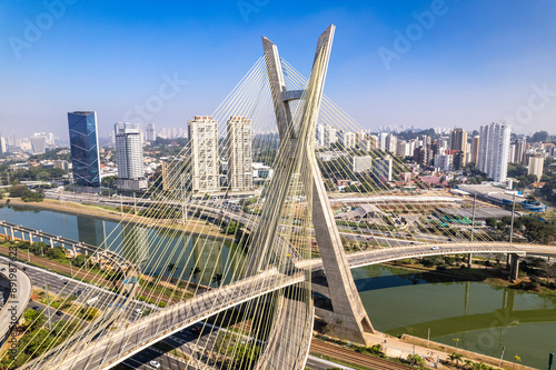 Aerial view of the Estaiada bridge. Sao Paulo Brazil. Business center. Famous cable-stayed bridge (Ponte Estaiada)