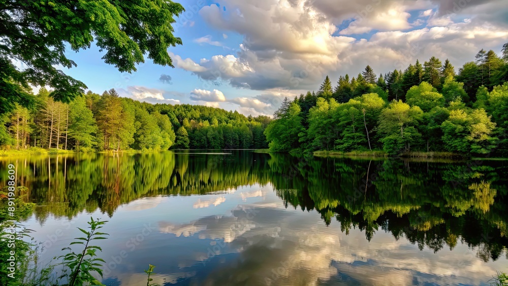 Fototapeta premium View over serene forest lake with trees and clouds reflected in water, forest, lake, trees, clouds, reflection, serene
