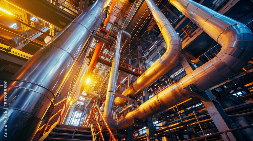 Interior of industrial plant with energy storage system, large steel pipes and stairs Interior of industrial plant with energy storage system, large steel pipes and stairs