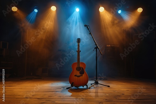 Guitar on a stage with spotlights and a microphone stand 