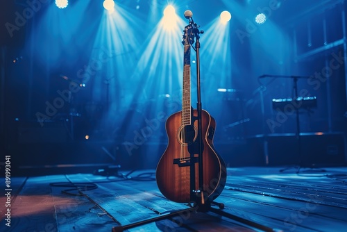 Guitar on a stage with spotlights and a microphone stand 