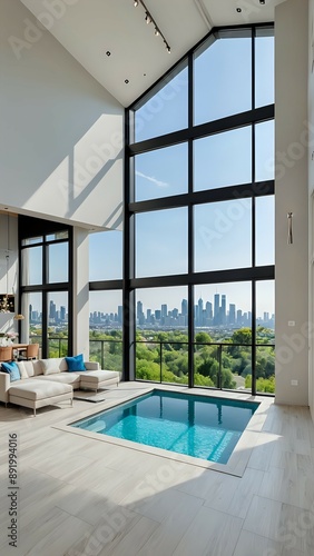 A modern and luxurious real estate property with a sleek design, large windows, spacious rooms, high ceilings, a beautiful garden with a swimming pool, and a stunning view of the city skyline