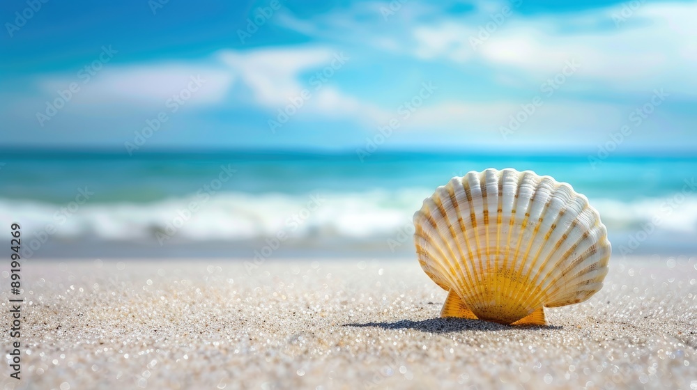 Concept of Solitude and Serenity White and Yellow Seashell on Sandy Beach with Colorful Blue Sky Background Concept of Solitude and Serenity White and Yellow Seashell on Sandy Beach with Colorful Blue Sky Background