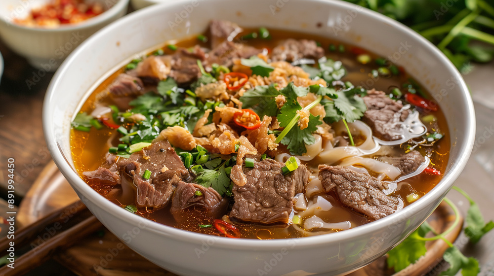 Steaming bowl of boat noodles featuring savory broth Steaming bowl of boat noodles featuring savory broth