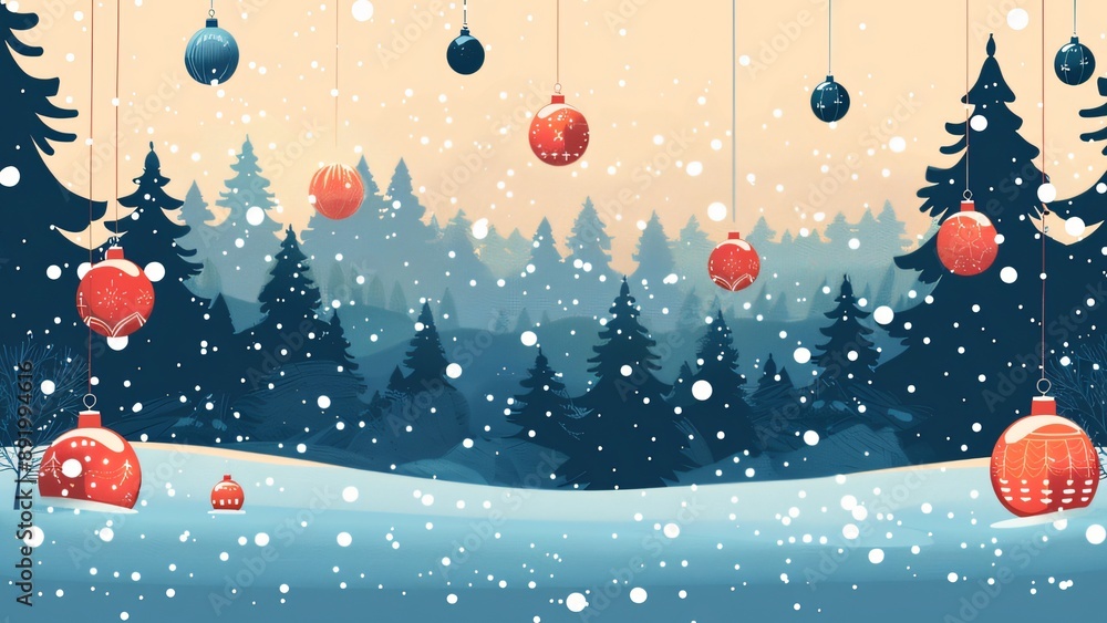 Charming illustration of a snowy forest with festive hanging Christmas ornaments, creating a magical winter holiday scene. Charming illustration of a snowy forest with festive hanging Christmas ornaments, creating a magical winter holiday scene.