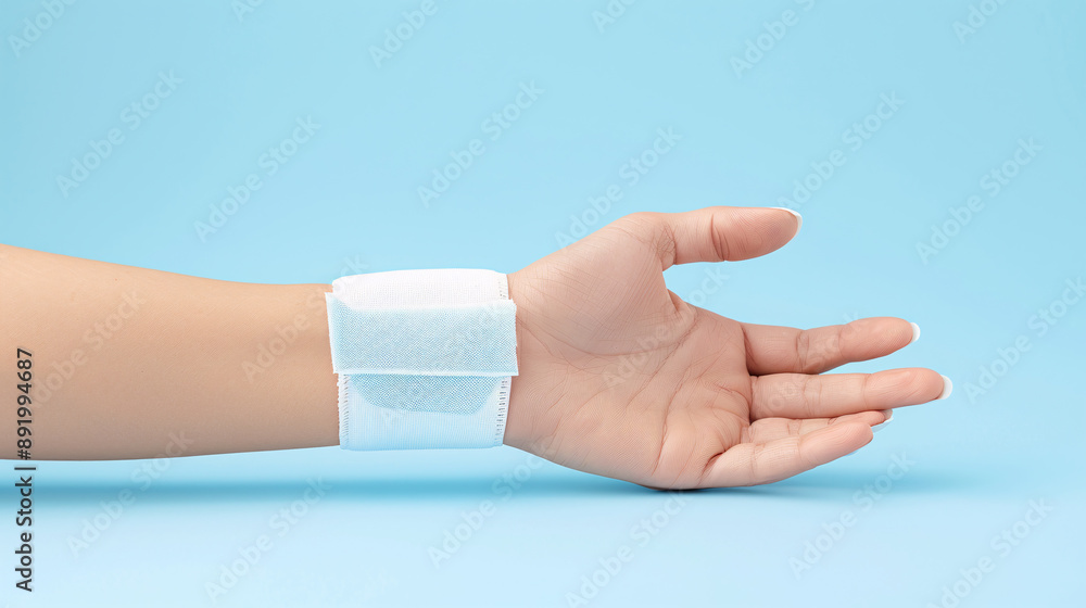 A person's arm with a bandage on it. The bandage is wrapped around the wrist and is blue and white A person's arm with a bandage on it. The bandage is wrapped around the wrist and is blue and white