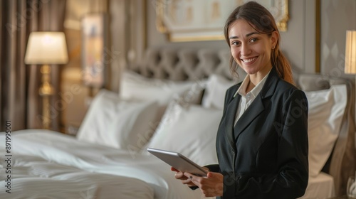 female concierge, holding tablet