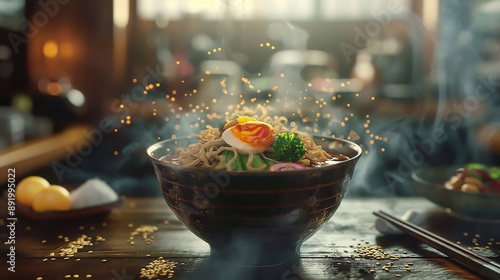 a steaming bowl of ramen, toppings perfectly placed