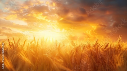 Rural wheat field at sunset with sun rays and copy space symbolizing abundance