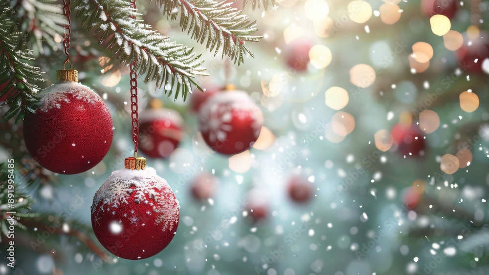Close-up of snow-covered red ornaments hanging on a Christmas tree branch, surrounded by twinkling lights and falling snow. Close-up of snow-covered red ornaments hanging on a Christmas tree branch, surrounded by twinkling lights and falling snow.