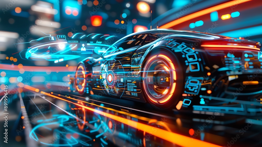 Futuristic neon-lit sports car racing through a digital cityscape at night, showcasing advanced technology and dynamic motion. Futuristic neon-lit sports car racing through a digital cityscape at night, showcasing advanced technology and dynamic motion.