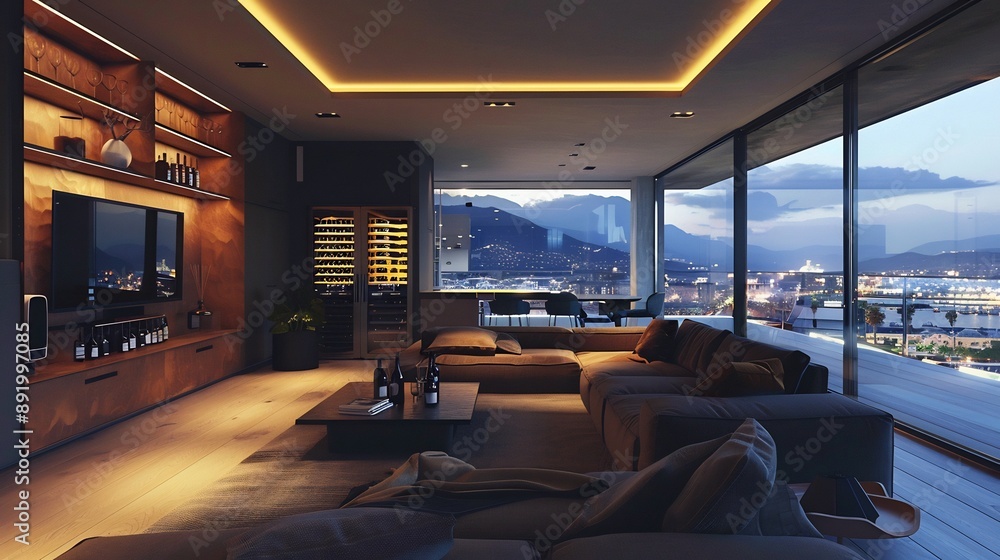 Fototapeta premium Modern luxury TV room with minibar stocked with high end drinks.