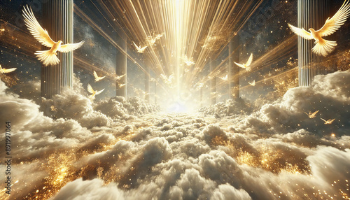天界　雲の床　神聖な領域　非現実的な空間 黄金の空間　幻想的 神聖 風景 雲 天上界 明るい 透明 黄金 光 照明 天国 光線 エーテル 空 霊的 平和 壮大 鳩 飛ぶ 輝く 光輝 静けさ 暖かい ふわふわ 地平線 ファンタジー 