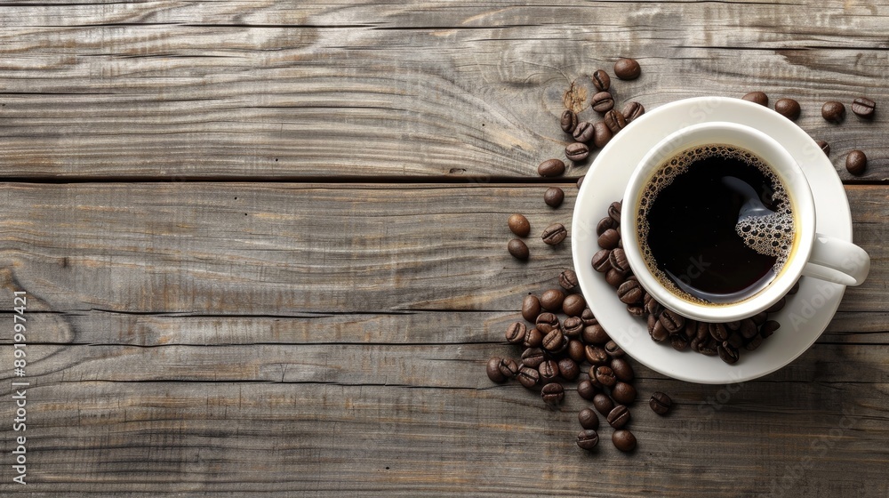 Coffee cup and beans on wooden table Coffee cup and beans on wooden table