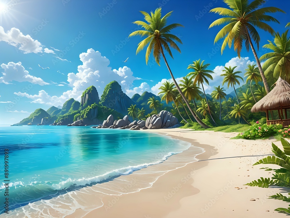 Naklejka premium An exotic island paradise with clear blue water, sandy white beaches, swaying palm trees, vibrant tropical flowers, and a clear blue sky, fantasy style 