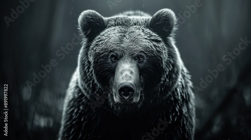 Close-up of a powerful bear in a dark, misty forest. The intense gaze and dark surroundings create a dramatic and captivating wilderness scene. © Suphot
