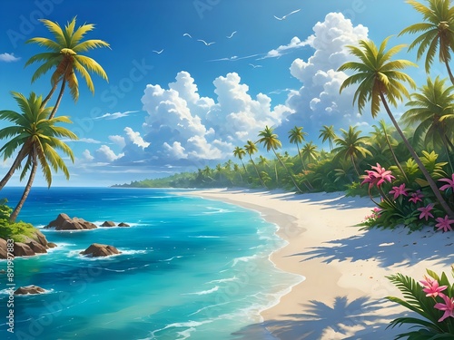 An exotic island paradise with clear blue water, sandy white beaches, swaying palm trees, vibrant tropical flowers, and a clear blue sky, fantasy style  photo