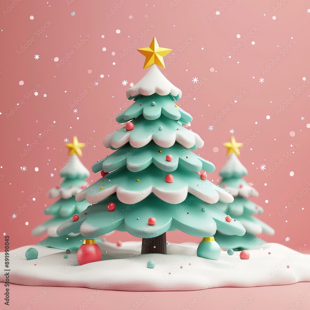 Charming illustration of whimsical Christmas trees decorated with ornaments and stars, set in a snowy landscape against a pink background. Charming illustration of whimsical Christmas trees decorated with ornaments and stars, set in a snowy landscape against a pink background.