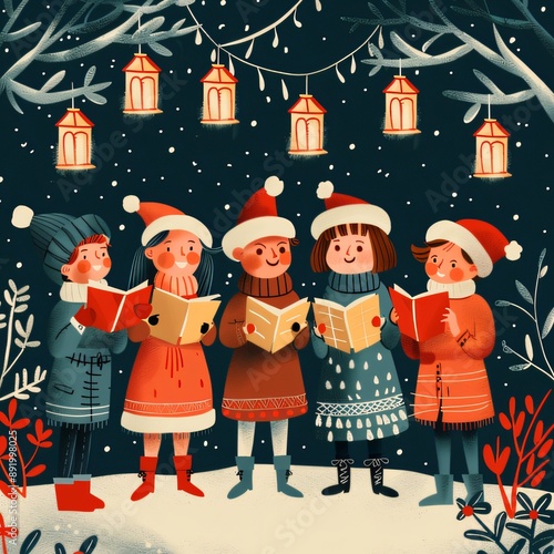 Illustration of children in winter clothes singing Christmas carols under festive lanterns in a snowy outdoor setting. photo