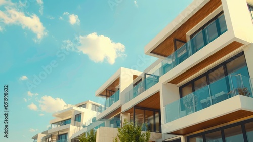 Fragment of Modern residential hotel with flat buildings exterior. Detail of New luxury house and home complex. Part of City Real estate property and condo architecture. Copy space. Blue sky