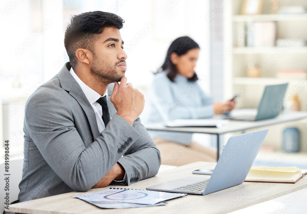 Businessman, thinking and office with laptop or paperwork for blockchain research, idea or plan for trading pitch. Male trader, computer and pondering with crypto report or stock market stats for job Businessman, thinking and office with laptop or paperwork for blockchain research, idea or plan for trading pitch. Male trader, computer and pondering with crypto report or stock market stats for job