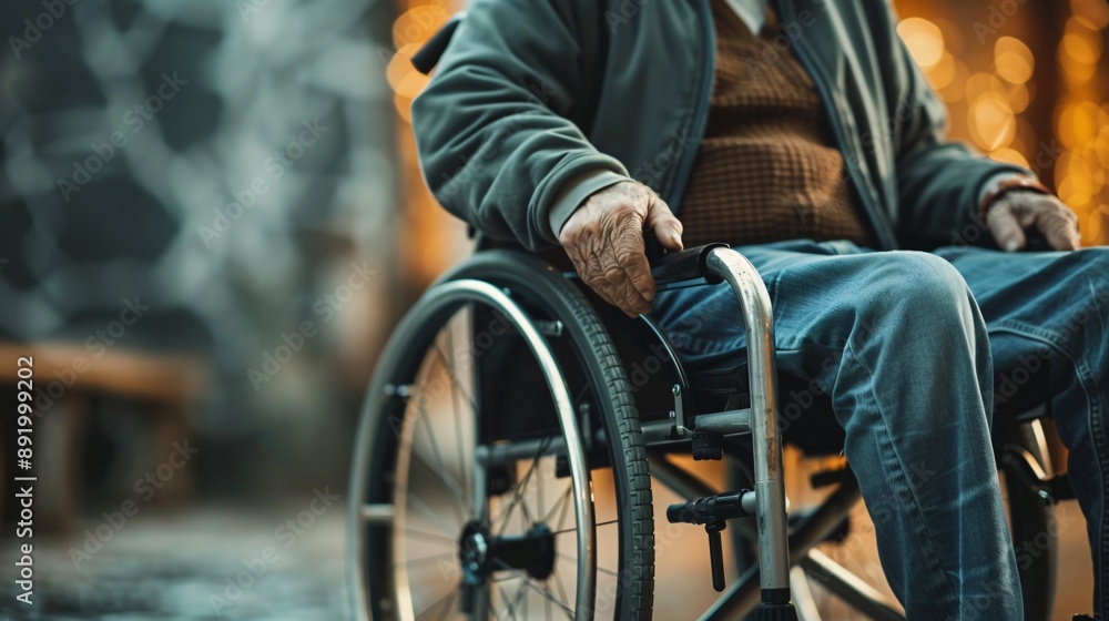 Obraz premium Close up of disabled man sitting in wheelchair outdoors. Copy space.