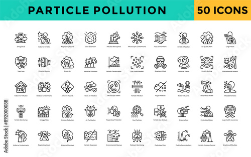 Particle pollution icon set with smog cloud, airborne particles, respiratory hazard, dust dispersion, polluted atmosphere, microscopic contaminants, hazy environment icon. Simple line vector 
