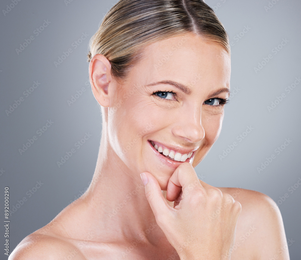 Naklejka premium Studio, shine and woman in portrait for skincare, wellness and healthy glow for anti aging. Female model, results and treatment of beauty for cosmetics, smile and self care by gray background