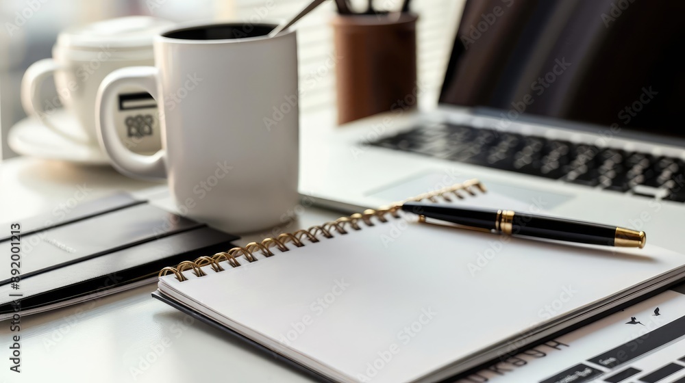 Professional desk with a branded coffee mug Professional desk with a branded coffee mug