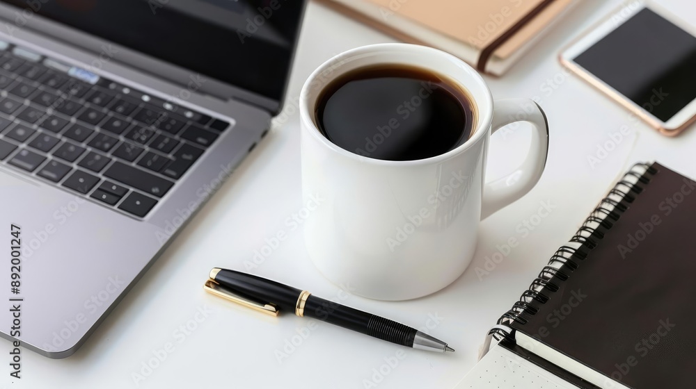 Top view of a professional desk setup with a branded coffee mug Top view of a professional desk setup with a branded coffee mug