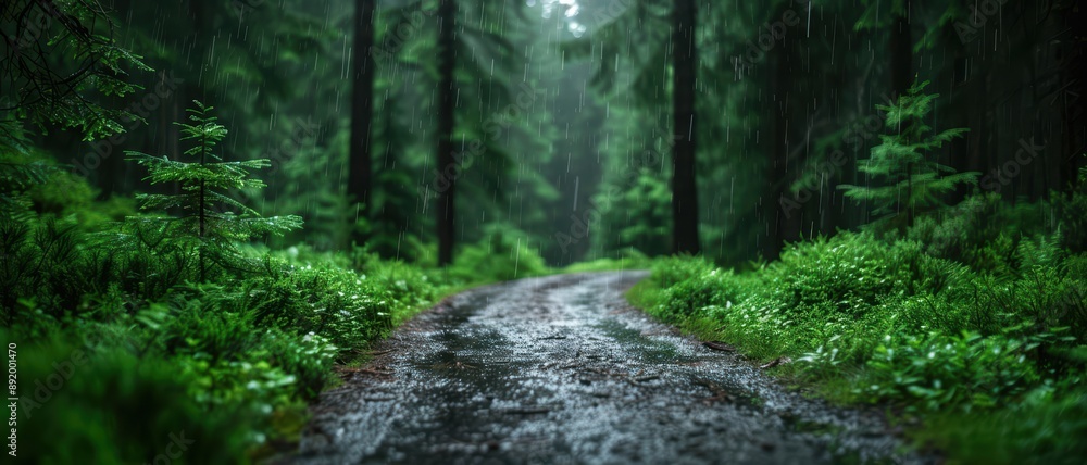 Serene Rainy Forest Pathway with Lush Greenery and Tall Trees in a Misty Atmosphere Serene Rainy Forest Pathway with Lush Greenery and Tall Trees in a Misty Atmosphere