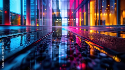 Wallpaper Mural Vibrant Urban Nightscape with Reflections of Modern Buildings and Colorful Lights on Wet Pavement Torontodigital.ca