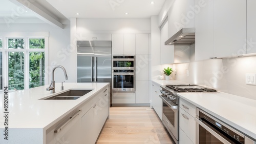 Modern White Kitchen with Stainless Steel Appliances and Large Island in a Bright, Open Space