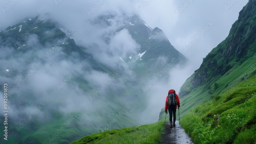 Solo Hiker Trekking Through Misty Mountain Trail in Lush Green Landscape Solo Hiker Trekking Through Misty Mountain Trail in Lush Green Landscape