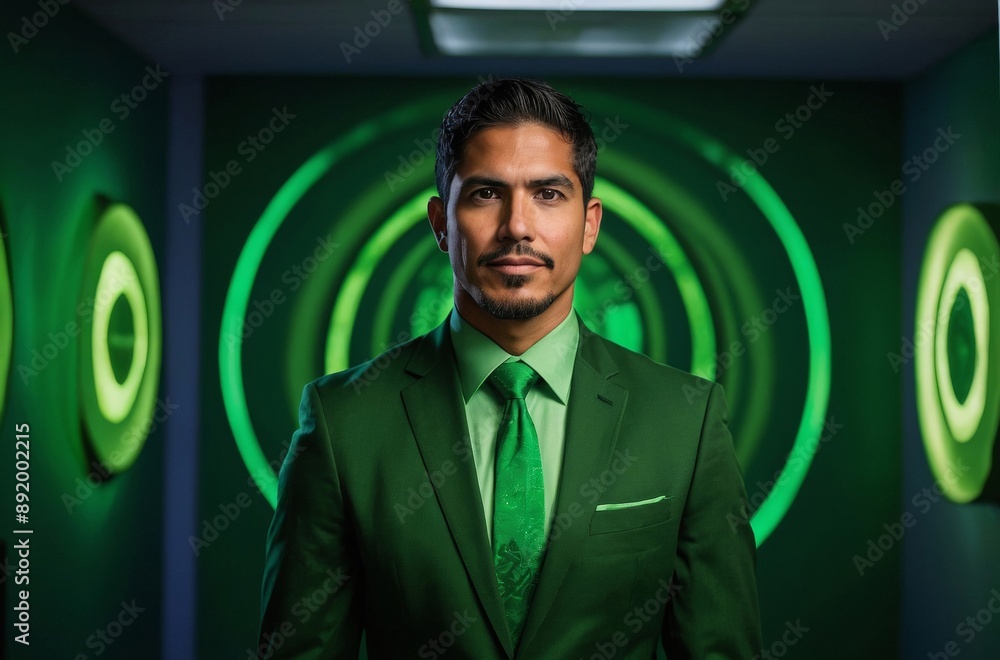 Portrait of Hispanic man in green suit against green background with circular lights Portrait of Hispanic man in green suit against green background with circular lights