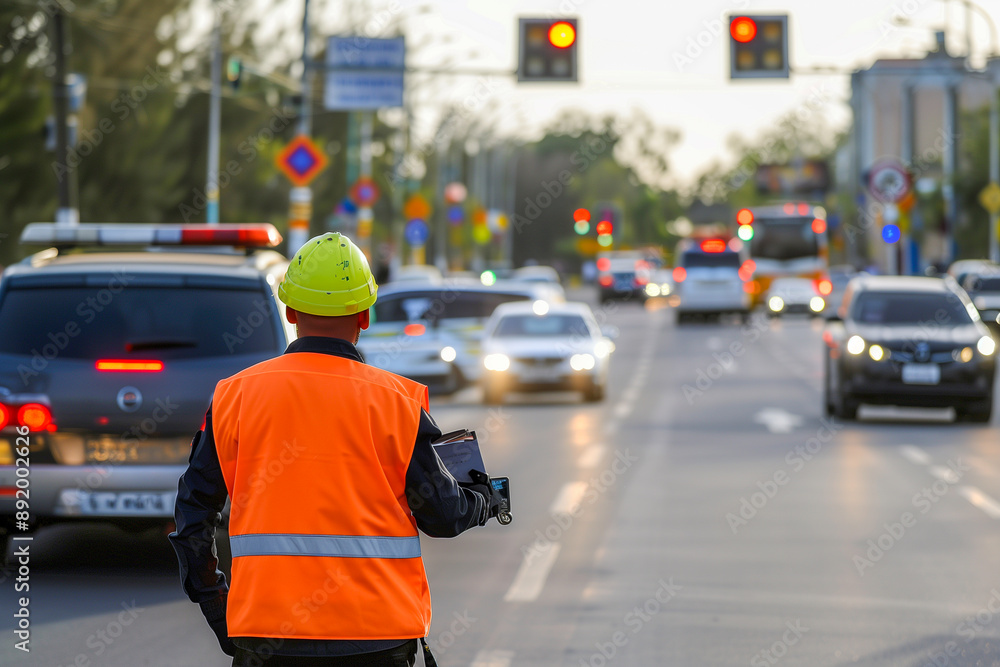 Naklejka premium A man in an orange vest is directing traffic at a busy intersection