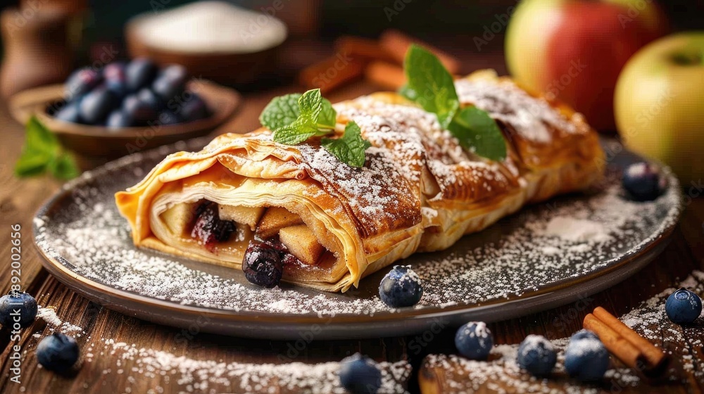 Traditional apple strudel topped with sugar mint blueberry and cinnamon on table Traditional apple strudel topped with sugar mint blueberry and cinnamon on table
