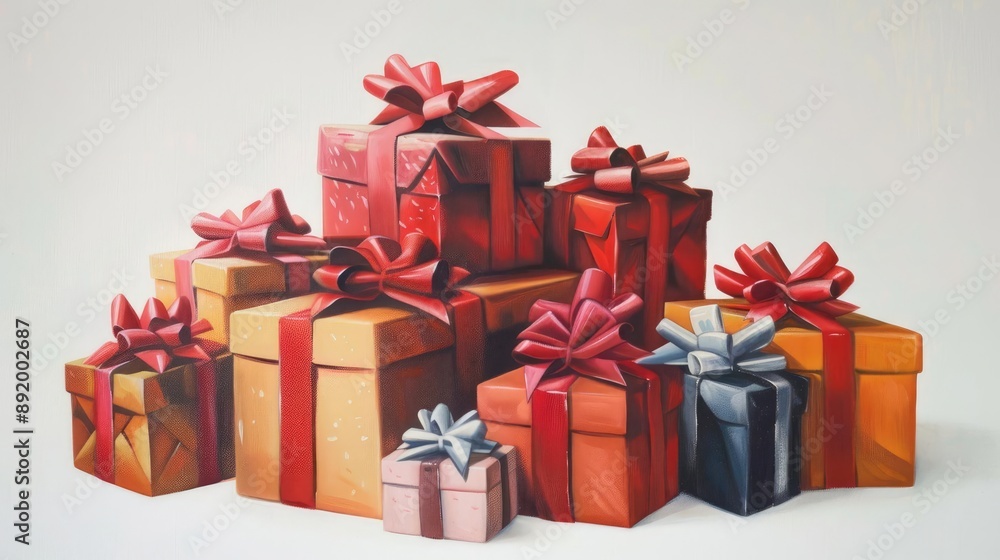 Obraz premium Pile of gift boxes with bows, holiday element, oil painting style, traditional colors, isolated on white background