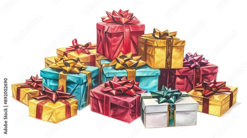 Pile of gift boxes with bows, holiday element, oil painting style, traditional colors, isolated on white background Pile of gift boxes with bows, holiday element, oil painting style, traditional colors, isolated on white background