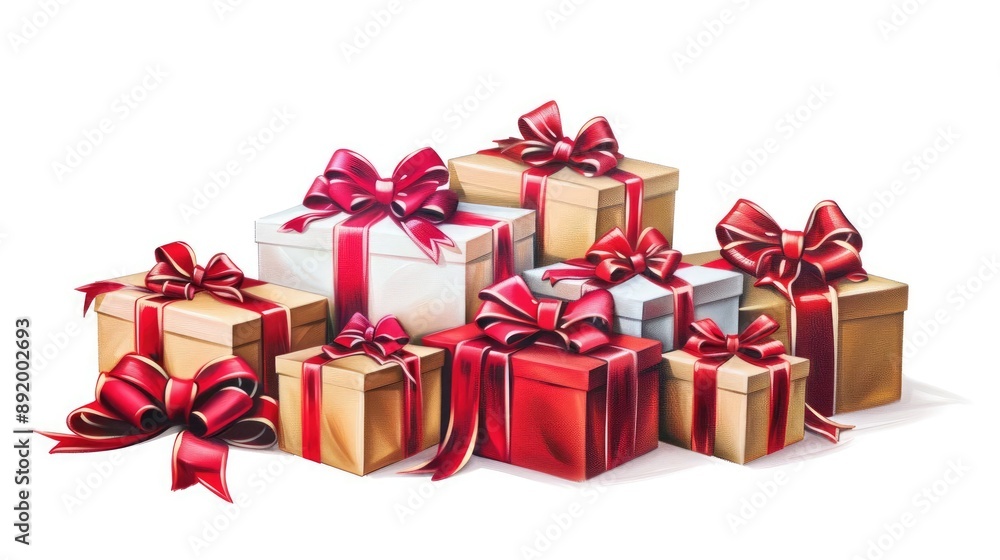 Pile of gift boxes with bows, holiday element, oil painting style, traditional colors, isolated on white background Pile of gift boxes with bows, holiday element, oil painting style, traditional colors, isolated on white background