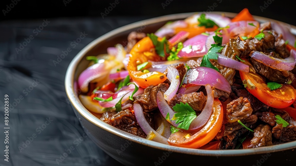 Lomo saltado with beef, onions, and tomatoes1 Lomo saltado with beef, onions, and tomatoes1